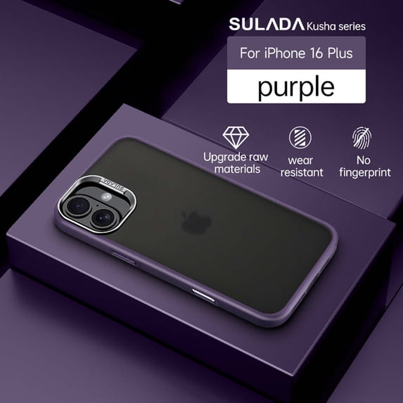 Compatible With iPhone 16 Plus Phone Case,With Metal Camera Frame&Metal Buttons,Shockproof Anti-fall Rugged Ultra Slim Thin Fit Frosted Rugged Translucent Phone Case Cover,Darkpurple
