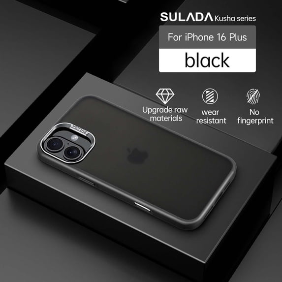 Compatible With iPhone 16 Plus Phone Case,With Metal Camera Frame&Metal Buttons,Shockproof Anti-fall Rugged Ultra Slim Thin Fit Frosted Rugged Translucent Phone Case Cover,Black