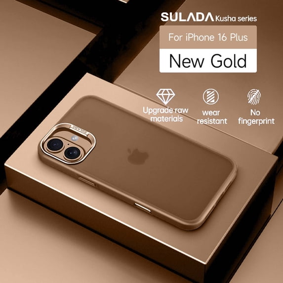 Compatible With iPhone 16 Plus Phone Case,With Metal Camera Frame&Metal Buttons,Shockproof Anti-fall Rugged Ultra Slim Thin Fit Frosted Rugged Translucent Phone Case Cover,Titaniumgold