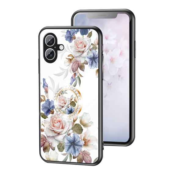 Compatible with iPhone 16 Plus Rotatable Ring Stand with Bling Glitter Diamond, Printed Case Fashion Luxury Flower Floral Pattern Slim Cover for iPhone 16 Plus 6.1 inch 2024, White Flower Bush