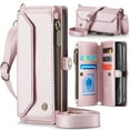 thumbnail image 1 of Compatible with iPhone 16 Plus Rugged PU Leather Wallet Case, Card Slots Zipper Pocket Lanyard Crossbody Strap Kickstand RFID Blocking Full Body Protection Cover for iPhone 16 Plus, Pink, 1 of 9