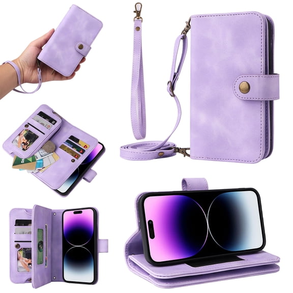 Compatible with iPhone 16 Plus Wallet Case, [6 Card Slots] Removable Adjustable Crossbody Necklace Lanyard Shoulder Strap Zipper PU Leather Case for iPhone 16 Plus, Purple
