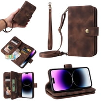 Compatible with iPhone 16 Plus Wallet Case, [6 Card Slots] Removable Adjustable Crossbody Necklace Lanyard Shoulder Strap Zipper PU Leather Case for iPhone 16 Plus, Brown
