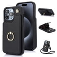 thumbnail image 1 of Compatible with iPhone 16 Plus Wallet Case with Card Holder, 360° Rotation Finger Ring Holder Kickstand Protective PU Leather Shoulder Strap Flip Case Cover for iPhone 16 Plus - Black, 1 of 7