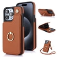 thumbnail image 1 of Compatible with iPhone 16 Plus Wallet Case with Card Holder, 360° Rotation Finger Ring Holder Kickstand Protective PU Leather Shoulder Strap Flip Case Cover for iPhone 16 Plus - Brown, 1 of 7