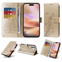 Compatible with iPhone 16 Plus Wallet Case with Card Holder & Cash Slot [RFID Blocking],Wallet Wristlet Pressed Butterfly Flower PU Leather Magnetic Flip Folio Cover for Women Men,Gold