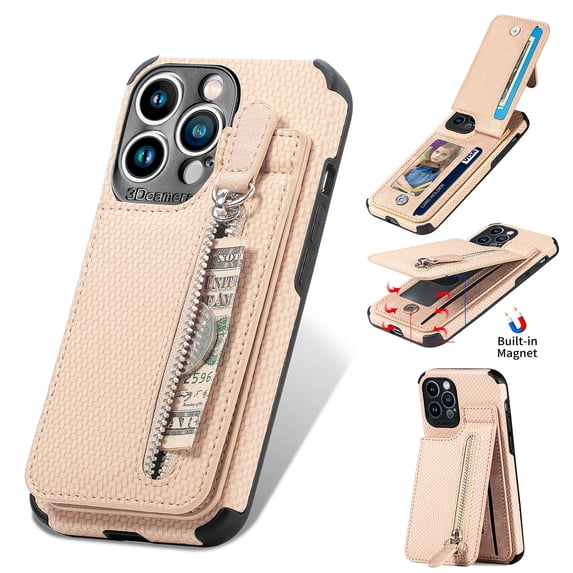 Compatible with iPhone 16 Plus Wallet Case with Card Holder, Premium PU Leather Kickstand Zipper Slot Case, Magnetic Clasp and Durable Shockproof Cover For iPhone 16 Plus,Khaki