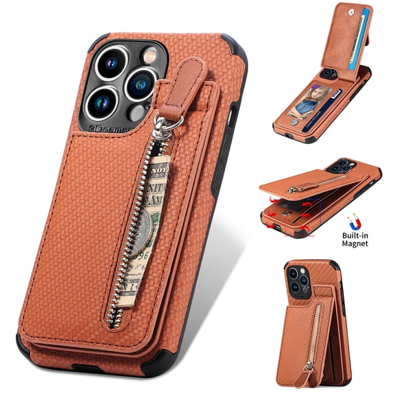 Compatible with iPhone 16 Plus Wallet Case with Card Holder, Premium PU Leather Kickstand Zipper Slot Case, Magnetic Clasp and Durable Shockproof Cover For iPhone 16 Plus,Brown
