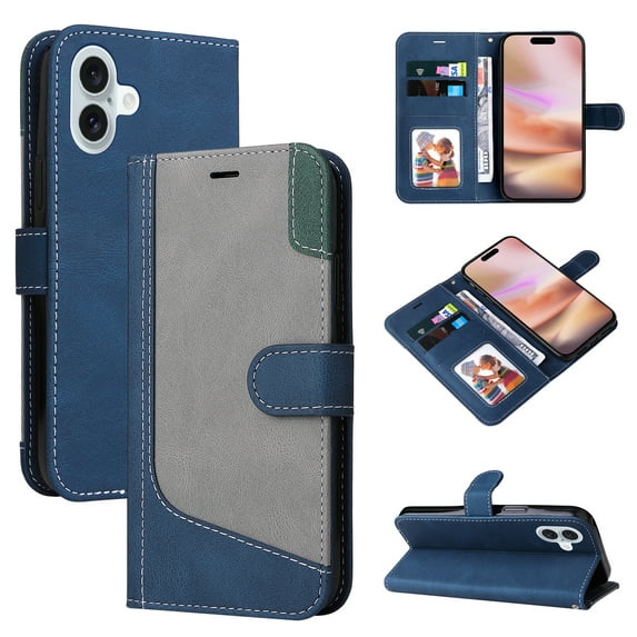 Compatible with iPhone 16 Plus Wallet Case, Classic Business Wristlet Shockproof Protective for Men Women PU Leather Card Slots Kickstand Phone Case Cover for iPhone 16 Plus, Blue