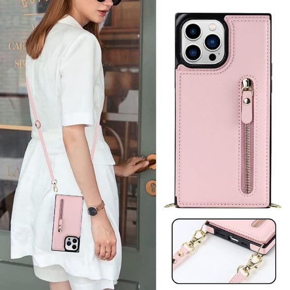 Compatible for iPhone 16 Plus Wallet Case with Crossbody Shoulder Strap Card Slots Holder Cover, Zipper PU Leather Magnetic Kickstand Shockproof Protective Phone Case, Pink