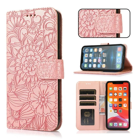 Compatible with iPhone 16 Plus Wallet Case,Flower Floral Embossed Luxury PU Leather with Credit Card Holder Slots Magnetic Closure Shockproof Protective Flip Case with Wrist Strap,Rosegold
