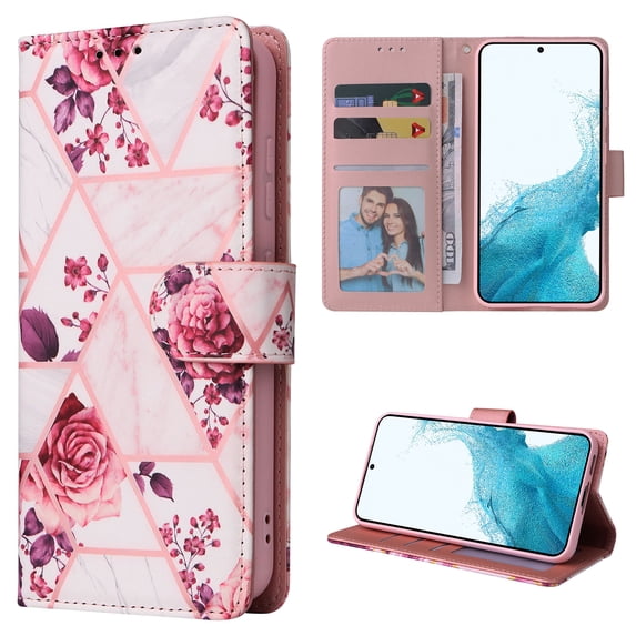 Compatible with iPhone 16 Plus Wallet Case, Marble Pattern PU Leather Flip Cover with Card Holder Kickstand, Shockproof Protective Phone Case for iPhone 16 Plus, Rosegold