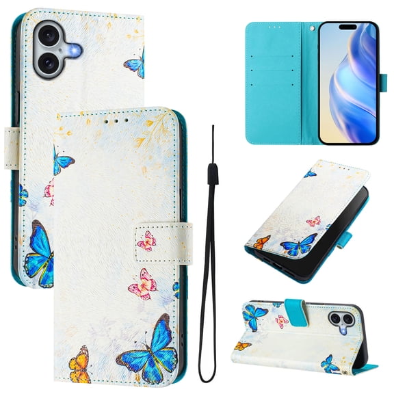 Compatible for iPhone 16 Plus Wallet Case, Painting Pattern Premium PU Leather [Credit Card Holder] [Wrist Strap] Flip Stand Feature Purse Case Full Protective Pattern Phone Cover, Blue Butterfly