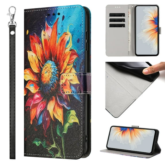 Compatible with iPhone 16 Plus Wallet Case for Women Girls, Garden Flower Pattern Design PU Leather Flip Cover with Card Holder Kickstand Wrist Strap Protective Phone Case, Sunflower