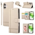 thumbnail image 1 of Compatible with iPhone 16 Plus Wallet Case, with Wrist Strap and Crossbody Strap, Make-up Mirror PU Leather Flip Credit Cell Cover Kickstand for iPhone 16 Plus Girls Women, Beige, 1 of 9