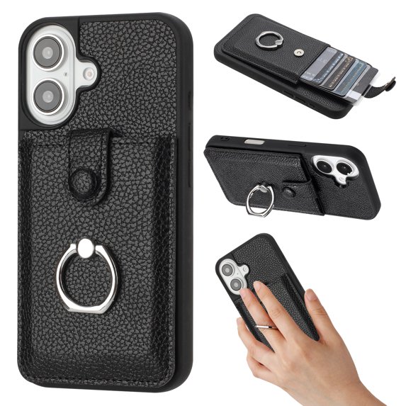 Compatible with iPhone 16 Plus Wallet Phone Case,360°Rotation Finger Ring Holder Kickstand,with Card Holder,Lychee Pattern PU Leather Durable Shockproof Rugged Phone Case,Black