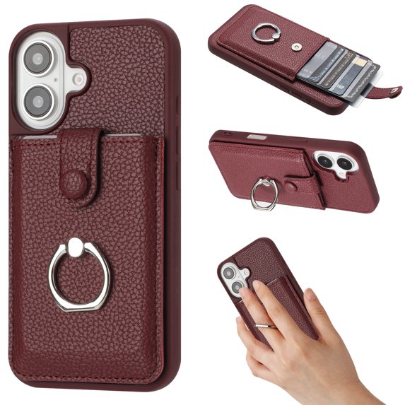 Compatible with iPhone 16 Plus Wallet Phone Case,360°Rotation Finger Ring Holder Kickstand,with Card Holder,Lychee Pattern PU Leather Durable Shockproof Rugged Phone Case,Winered