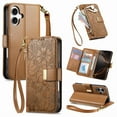 thumbnail image 1 of Compatible with iPhone 16 Plus Wallet Phone Case,With Shoulder Strap&Wrist Strap,Zipper Pocket,Card Slots,Flip Folio Kickstand,Flower&Leaf Emboss PU Leather Shockproof Phone Case,Brown, 1 of 13