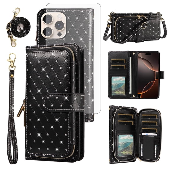 Compatible with iPhone 16 Pro 6.3 inch Wallet Phone Case Tempered Glass Screen Protector Bling Glitter Crossbody Lanyard Strap Flip Zipper Purse Card Holder Cell Cover for i Phone16 16Pro Women Black