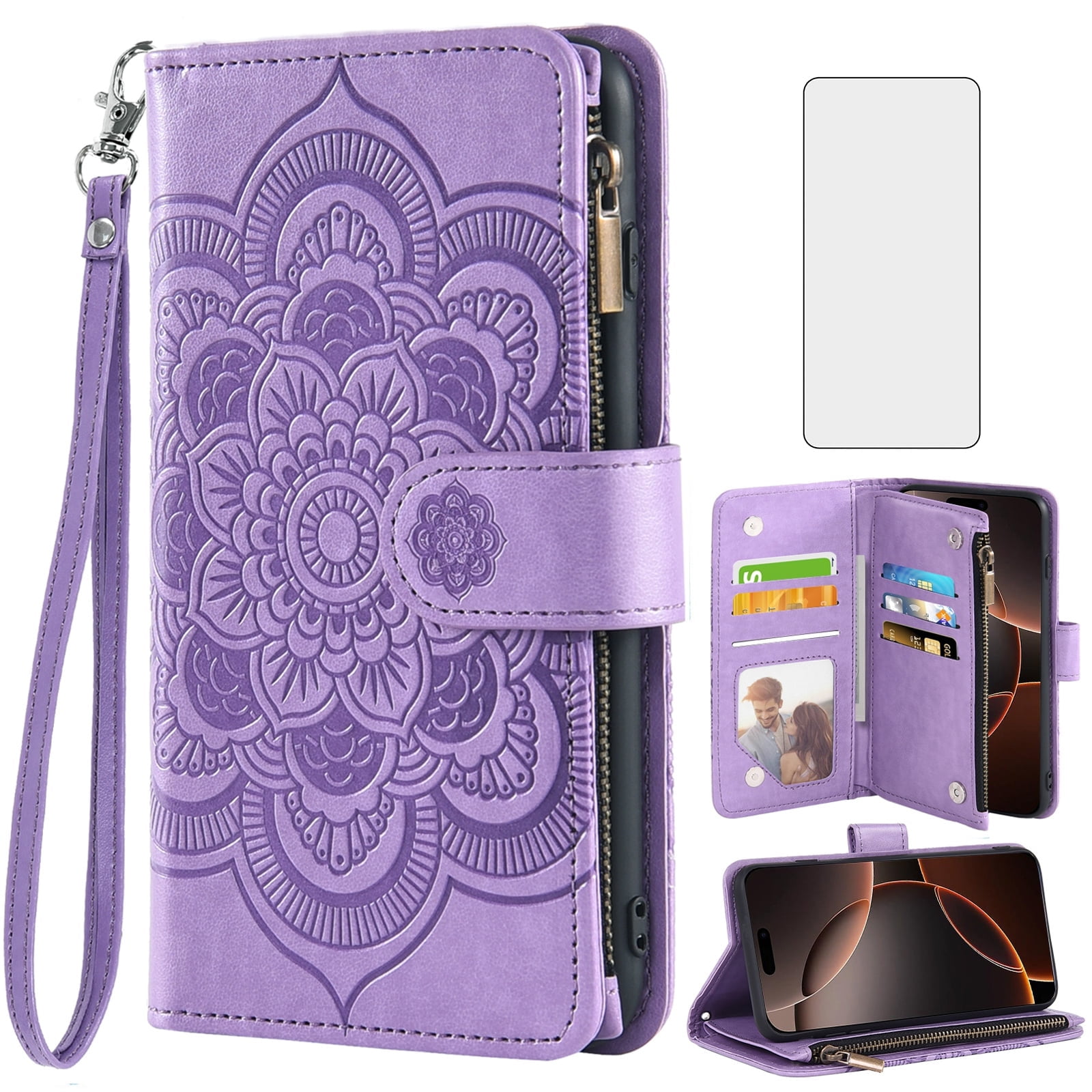 Compatible With IPhone 16e/SE 2025/SE 4 Wallet Phone Case Tempered Glass Screen Protector Wrist Crossbody Strap Stand Credit Card Holder RFID Slot Cell Cover For I Phone16e Women Girls Dark Purple
