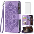 thumbnail image 1 of Compatible with iPhone 16 Pro 6.3 inch Wallet Phone Case and Tempered Glass Screen Protector Flower Faux Leather Flip Credit Card Holder Stand Zipper Cell Cover for i Phone16 i16 16Pro Women purple, 1 of 9
