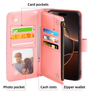 Compatible with iPhone 16 Pro 6.3 inch Wallet Phone Case and Tempered Glass Screen Protector Flower Faux Leather Flip Credit Card Holder Stand Zipper Cell Cover for i Phone16 i16 16Pro Women Pink