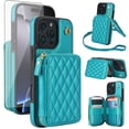 thumbnail image 1 of Compatible with iPhone 16 Pro 6.3 inch Wallet Phone Case Tempered Glass Screen Protector Wrist Crossbody Strap Stand Credit Card Holder RFID Slot Cell Cover for i Phone16 i16 16Pro Women Girls Green, 1 of 9