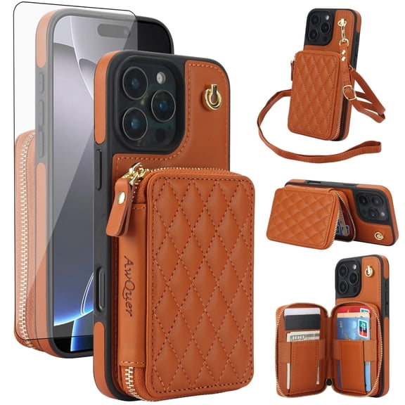 Compatible with iPhone 16 Pro 6.3 inch Wallet Phone Case Tempered Glass Screen Protector Wrist Crossbody Strap Stand Credit Card Holder RFID Slot Cell Cover for i Phone16 i16 16Pro Women Girls Brown
