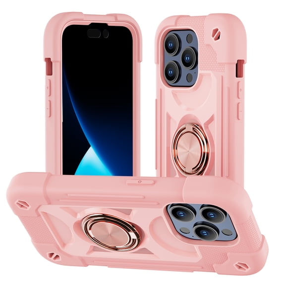 Compatible with iPhone 16 Pro Case, with 360° Rotate Ring Stand, Military Grade Drop Protection Full Body Rugged Heavy Duty Case 3 in 1 Protective Cover, Rosegold