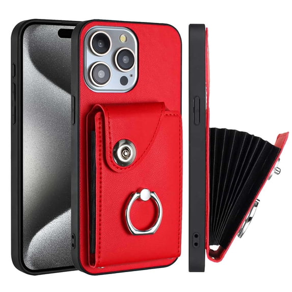 Compatible for iPhone 16 Pro Case with Card Holder, for iPhone 16 Pro Wallet Case for Women Men with Rotation Finger Ring Stand, Accordion Style PU Leather Shockproof Protection Case, Red