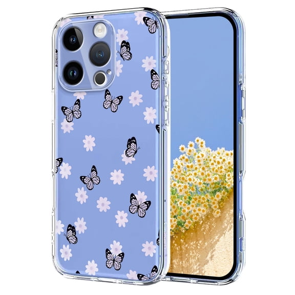 Compatible with iPhone 16 Pro Case Clear with Flower Design, Cute Soft Silicone TPU Floral Aesthetic Women Girls Transparent Protective Shockproof Anti-Scratch Anti-Yellow Phone Cover, C