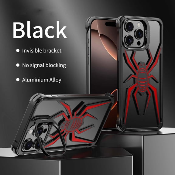 Compatible for iPhone 16 Pro Case Cute Cool Rugged Spider Pattern Hollow out Design Versatile Bracket Kickstand for Boys Men Lightweight Shockproof Protective Borderless Case,Black+Red