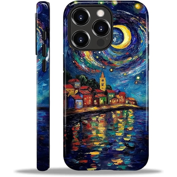 Compatible with iPhone 16 Pro Case, Dual-Layer Protection Hard Shell with Silicone Interior, Slim Scratch Resistant Shockproof for Woman Men Starry Moon Night Phantom