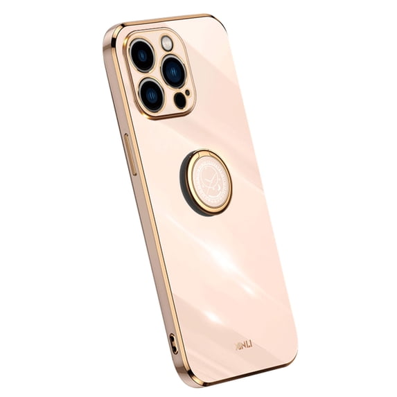 Compatible with iPhone 16 Pro Case Finger Ring Kickstand for Women Girls Rose Gold Edge Full Body Protection Plating Electroplate Case for iPhone 16 Pro, Pink