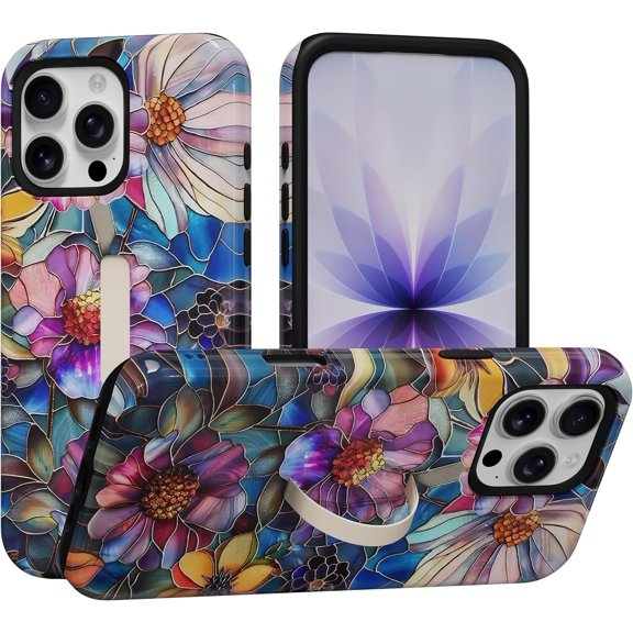 Compatible for iPhone 16 Pro Case with Finger Strap Kickstand, Colorful Floral Pattern Phone Case for Women Girls Men, Soft TPU and Hard PC Shockproof Protective Cover, Vibrant Defined Blossoms