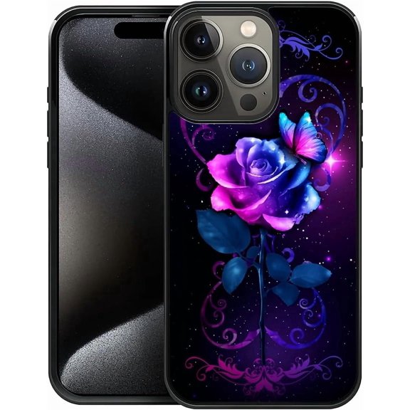 Compatible with iPhone 16 Pro Case,Pattern Design Hard PC Back Cover Non-Slip Soft TPU Protective Case for iPhone 16 Pro for Women 6.3inch-Love Rose Butterfly