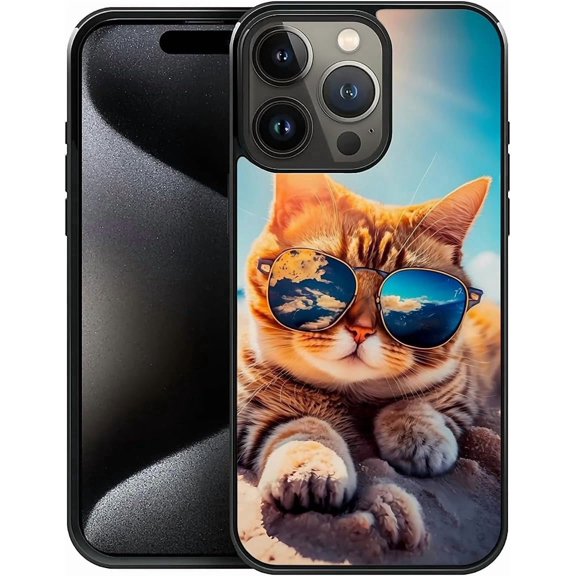 Compatible with iPhone 16 Pro Case,Pattern Design Hard PC Back Cover Non-Slip Soft TPU Protective Case for iPhone 16 Pro for Women 6.3inch-Sunshine Beach Cat