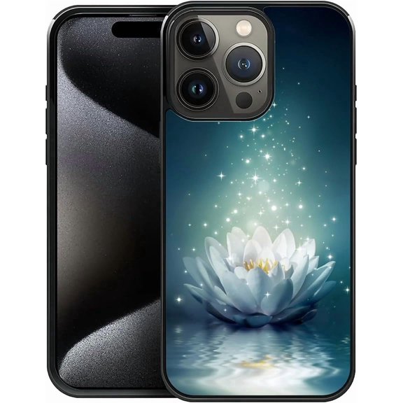 Compatible with iPhone 16 Pro Case,Pattern Design Hard PC Back Cover Non-Slip Soft TPU Protective Case for iPhone 16 Pro for Women 6.3inch-White Lotus Night