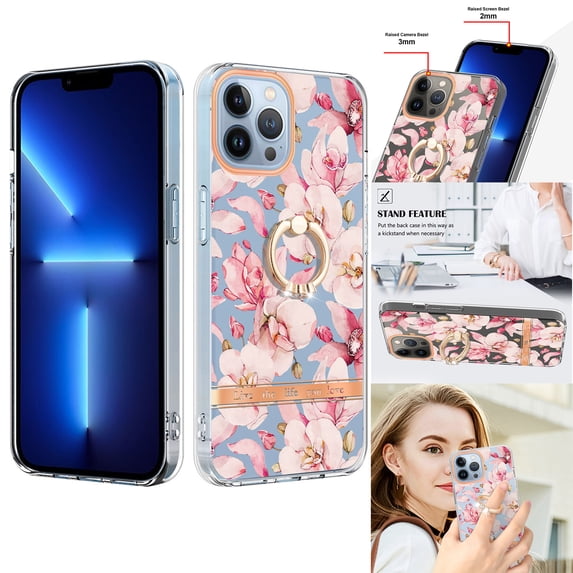 Compatible for iPhone 16 Pro Case with Ring Kickstand Holder Clear Floral Pattern Hybrid PC TPU Shockproof Protective Phone Case Cover for iPhone 16 Pro Women Girls, Pink Flower