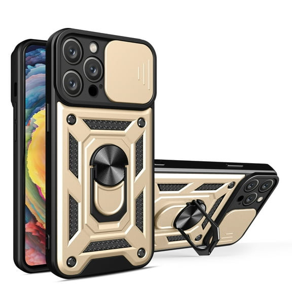 Compatible with iPhone 16 Pro Case with Sliding Camera Lens Cover and Ring Kickstand Heavy Duty Military Grade Rugged Protection Shockproof Back Phone Cover for iPhone 16 Pro, Gold
