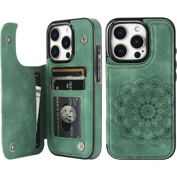 Compatible with iPhone 16 Pro Case Wallet with Card Holder, Embossed Mandala Pattern Flower PU Leather Double Buttons Flip Shockproof Cover for Magnetic Car Mount 6.3 Inch (Dark Green)
