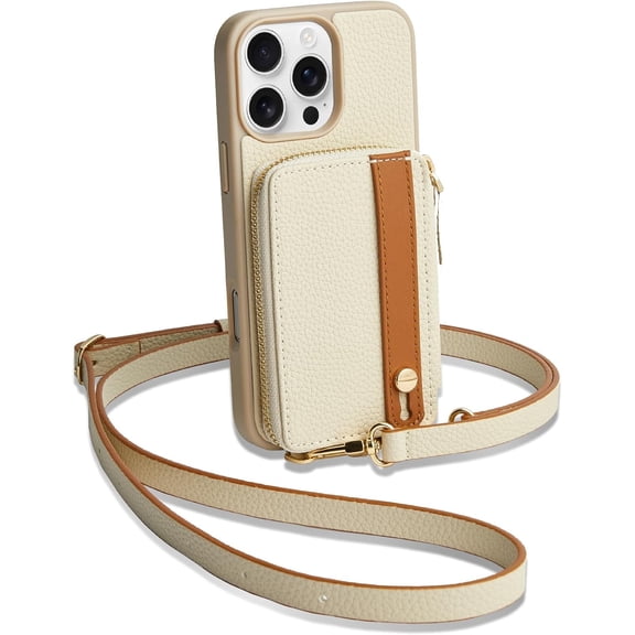 Compatible with iPhone 16 Pro Case Wallet Card Holder, Zipper Leather Crossbody Phone Grip Holder Stand Wrist Strap for Women 6.3 inch Beige