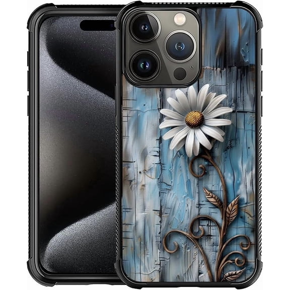 Compatible with iPhone 16 Pro Case, Wood Grain Daisy Flowers Case for Men Woman, Anti-Scratch Soft TPU Shockproof Unique Protective Cover Pattern Design