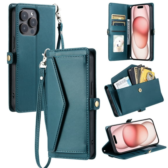 Compatible with iPhone 16 Pro Envelope Style Wallet Case, with Wrist Strap and Crossbody Strap, Flip Card Holder Stand Rugged Cell Phone Cover for iPhone 16 Pro Women Men - Green