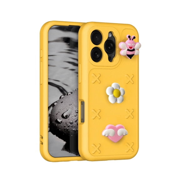 Compatible with iPhone 16 Pro Kids Boys Girls Skin Friendly Case, Cute 3D Bowknot Butterfly Floral Bee Cartoon Design Soft Silicone Shockproof Protective Drop-resistance Stylish Cover, Yellow