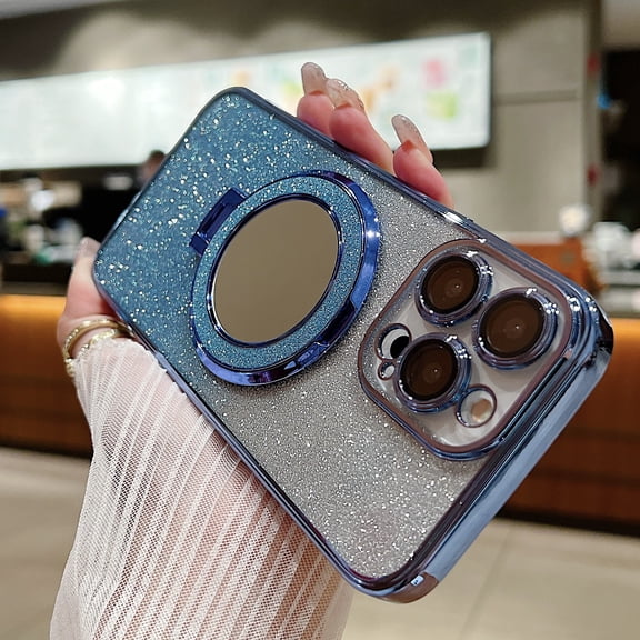 Compatible with iPhone 16 Pro Magnetic Case, Glitter Sparkle Bling Mirror Kickstand Anti-Scratch Shockproof Protective Flexible Phone Cases Cute Slim Thin Cover for Women Girls,Blue