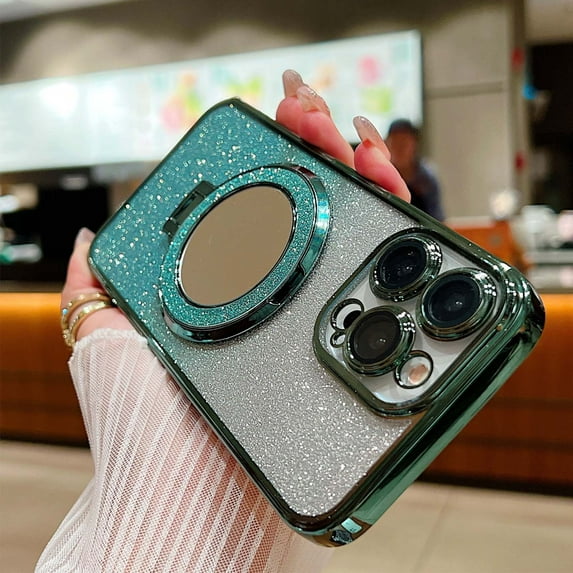 Compatible with iPhone 16 Pro Magnetic Case, Glitter Sparkle Bling Mirror Kickstand Anti-Scratch Shockproof Protective Flexible Phone Cases Cute Slim Thin Cover for Women Girls,Green