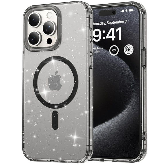 Compatible with iPhone 16 Pro Magsafe Case Clear Glitter, Anti-Yellow Shockproof Protective Phone Case, Ultra Slim Transparent Anti-Scratch TPU Bumper Cover for iPhone 16 Pro, Black
