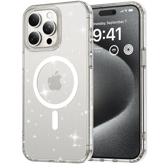 Compatible with iPhone 16 Pro Magsafe Case Clear Glitter, Anti-Yellow Shockproof Protective Phone Case, Ultra Slim Transparent Anti-Scratch TPU Bumper Cover for iPhone 16 Pro, Clear