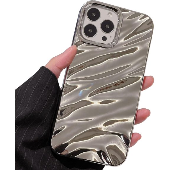 Compatible iPhone 16 Pro Max 2024 Case, 3D Cute Luxurious Curly Water Ripple Pattern, Soft TPU Shockproof Case for Boys and Girls (Silver)